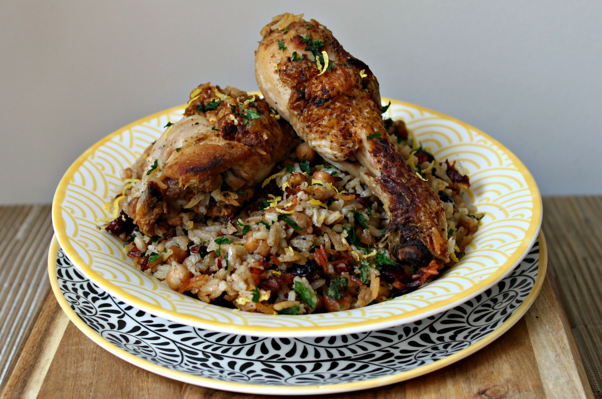 A fragrant yet mild middle eastern spiced chicken with chickpea and cranberry pilaf bursting with middle eastern flavours and all cooked in one pot!